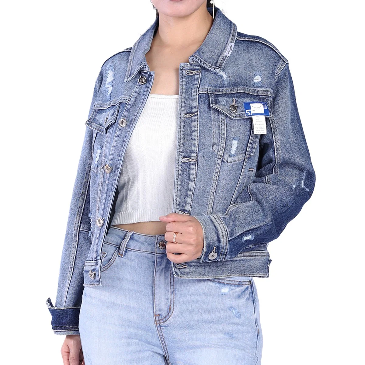 Custom Vintage Blue Ripped Design Plus Size Long Sleeve Women Denim Jackets