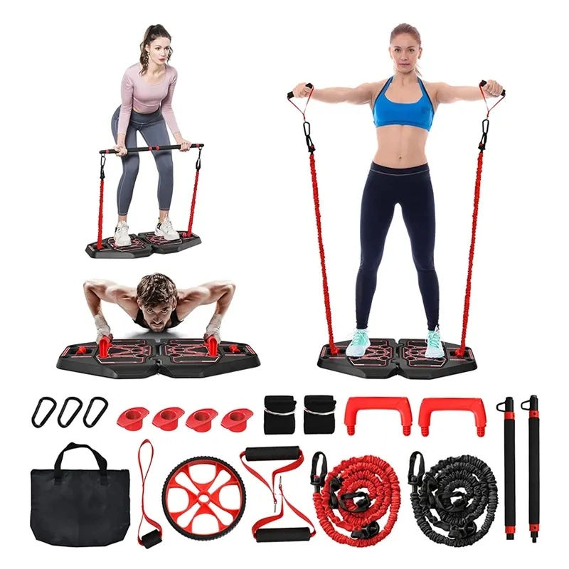 Portable Home Gym Workout Equipment W/ 8 Exercise Accessories, Elastic Resistance Bands, Abroller Wheel, Tricep Bar