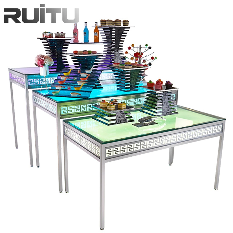 5 étoiles équipement d'hôtel nourriture dessert tables d'exposition Stand Party Banquet rectangulaire verre Top cadre en acier inoxydable LED Restaurant Hôtel Table de restauration sous forme de buffet