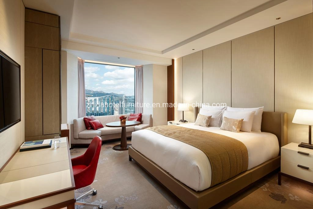 Alta chinês em madeira de qualidade 4 estrelas luxo Hotel Madeira Mobiliário quarto conjunto de móveis de tamanho King Cama de couro com tecido Cadeira de Lazer