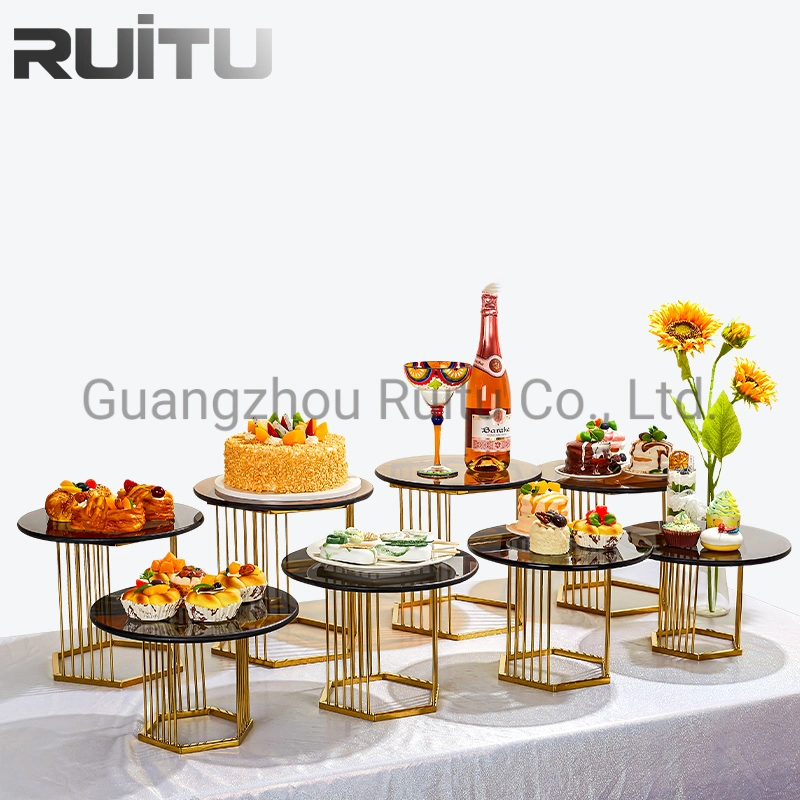 Hotel Food Display Equipment Unique Nice Catering Set up Combined Glass Serving Gold Stainless Steel Buffet Riser Event Cake Stands for Wedding Cakes