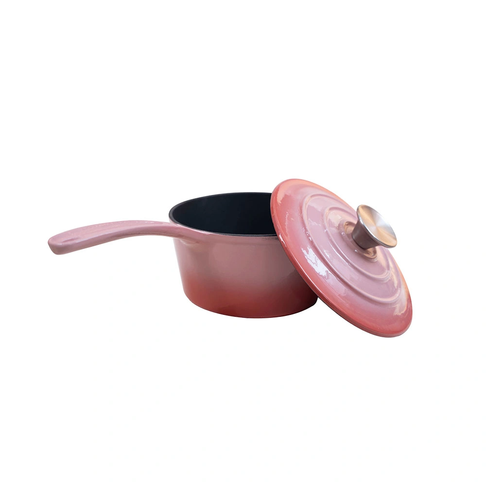 1,5qt Fabricação utensílios de ferro fundido em esmalte rosa punho comprido molho Pot