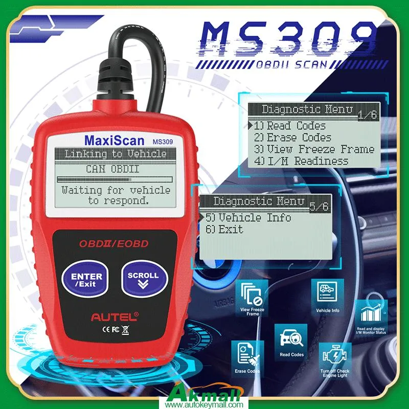 Autel Maxiscan Ms309 Scanner OBD2 Herramienta de diagnóstico de revisar el motor de coche, lector de códigos de lectura y borrado de códigos DTC Datos del bastidor, apague la luz Check Engine