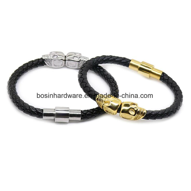 Men Gold Stainless Steel Skull Leather Bracelet