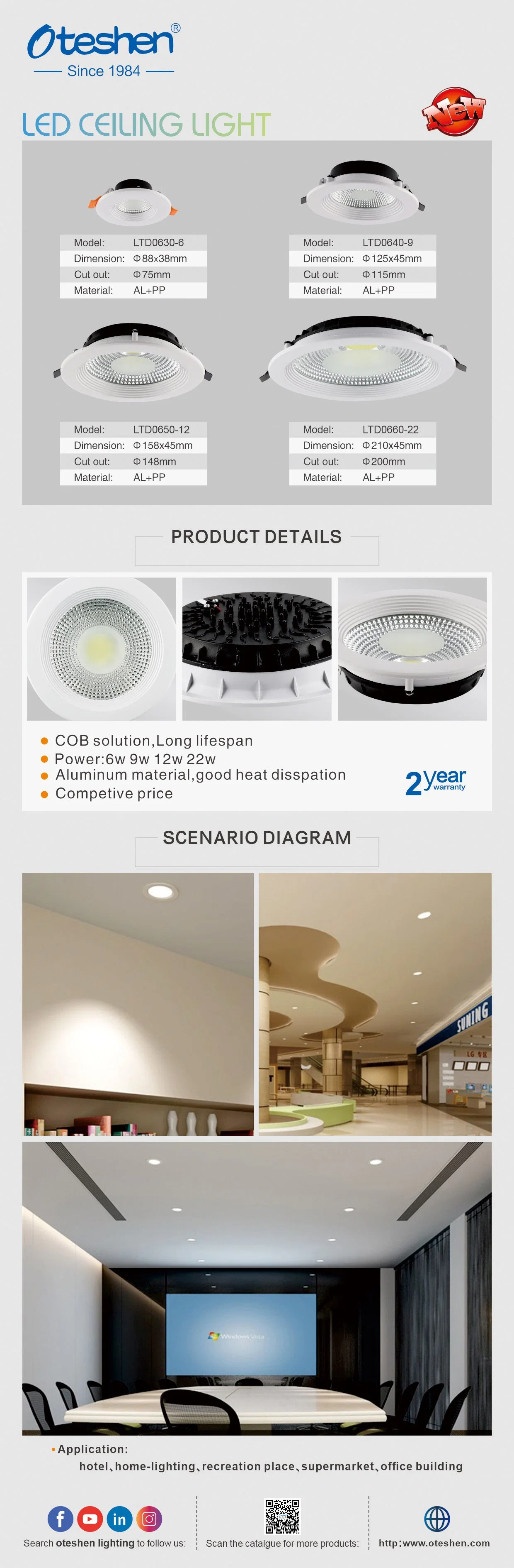 China Proveedor Oteshen Marca LED Luz de techo / foco LED