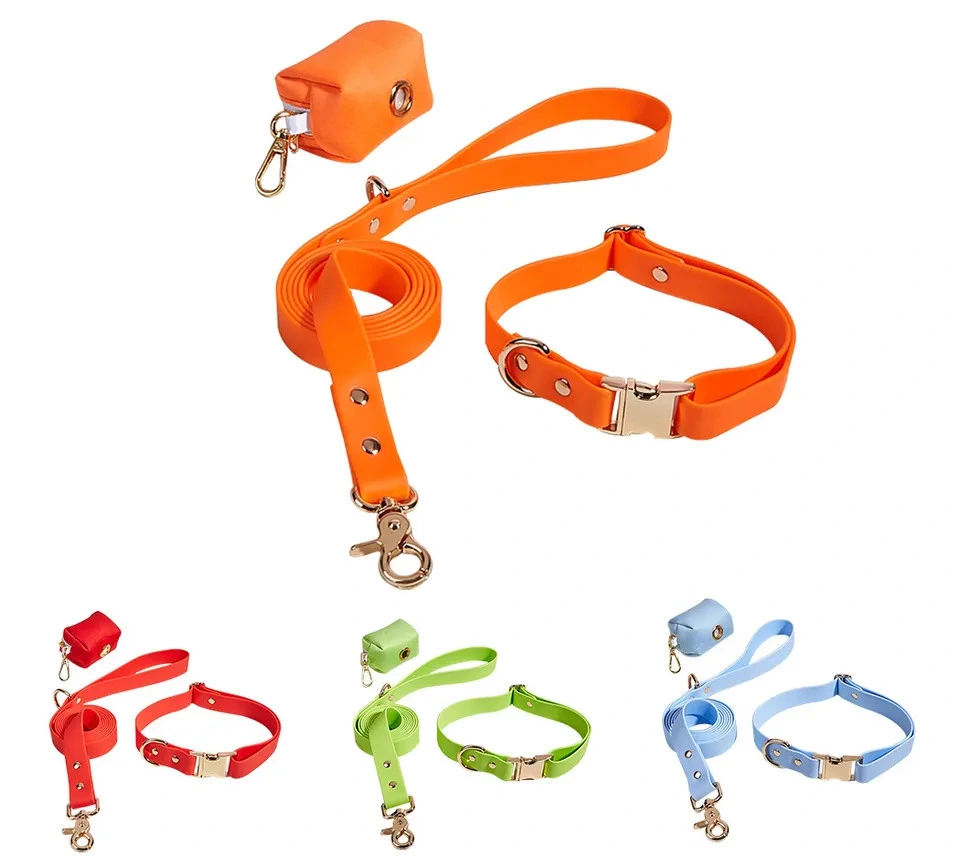 PVC Soft Dog Collar Leash Set Waterproof Adjustable Pet Collars Leashes Dog Poop Bag Holder for Dogs