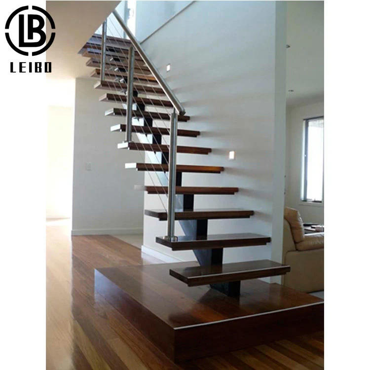 Indoor Steel Structure Support Straight Stairs with Timber Stairs Glass Balustrade Metal Staircase