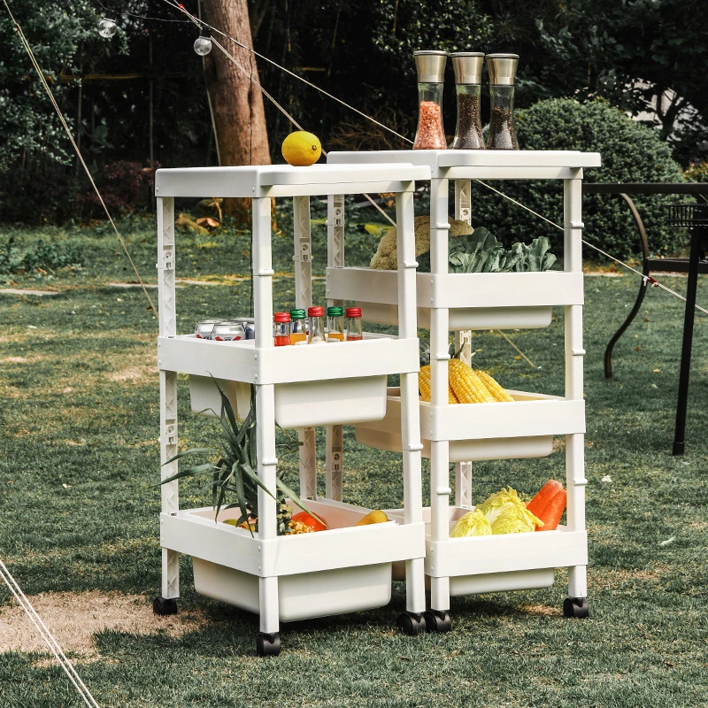 Multi-Tiers Folding Plastic Rolling Storage Cart for Outdoor Barbecue with Wooden Lids