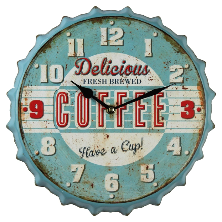 Delicious coffee Wall Decor Fashion Beer Bottle Cap Iron Advertise Promotional Wall Clock Antique Style Cheap Metal Wall Clocks Quartz