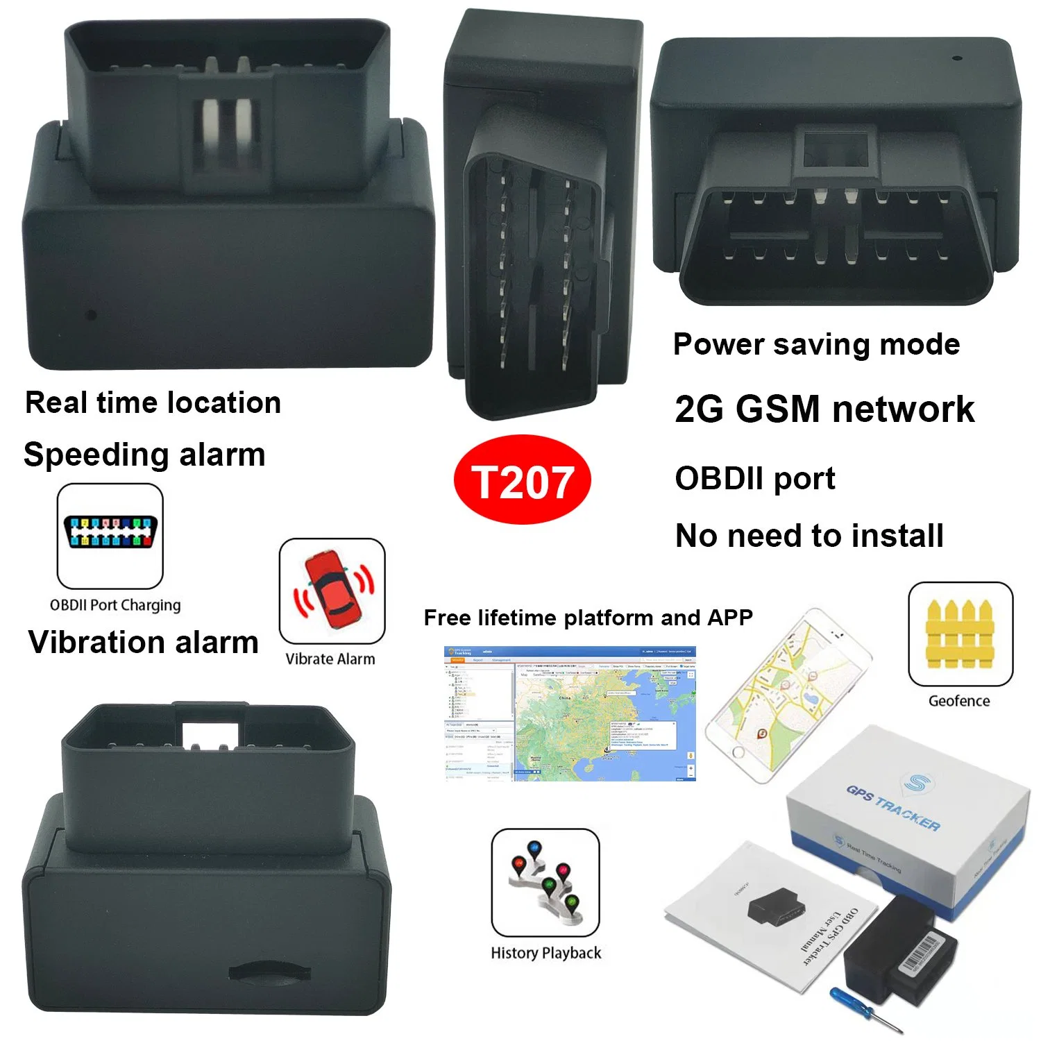 Quality 2G Anti-theft OBDII Security Tracker Container Truck Vehicle Car GPS Tracking with Power Failure Alarm T207