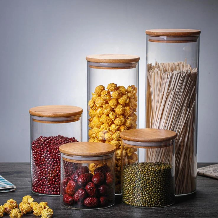 Borosilicato vidrio botella Candy vidrio Utensilios de cocina recipiente de comida vaso Jar Con tapa de bambú