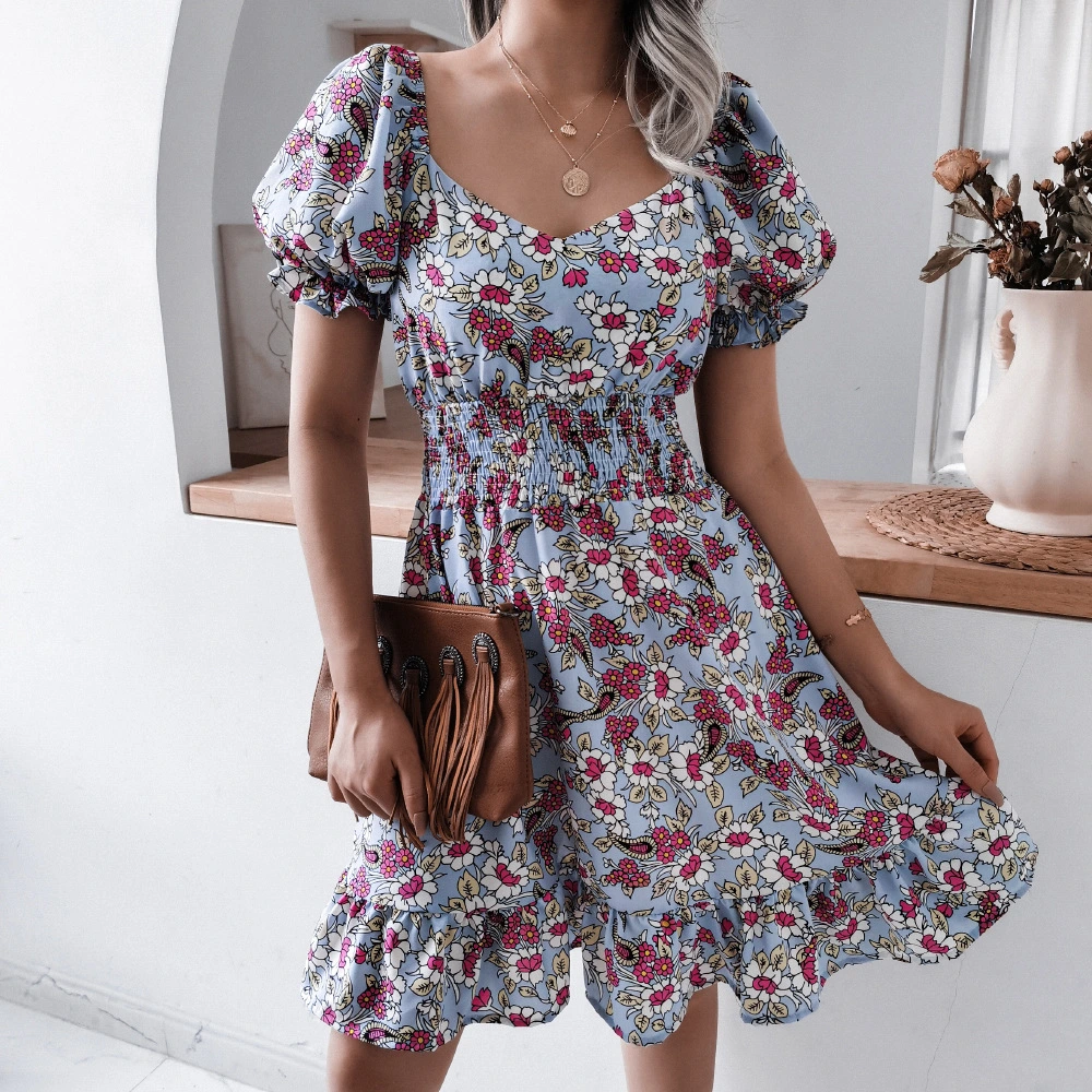 Summer New European and American Casual Square Collar Lantern Sleeve Floral Casual Dress Independent Station Cross-Border Women's Wear