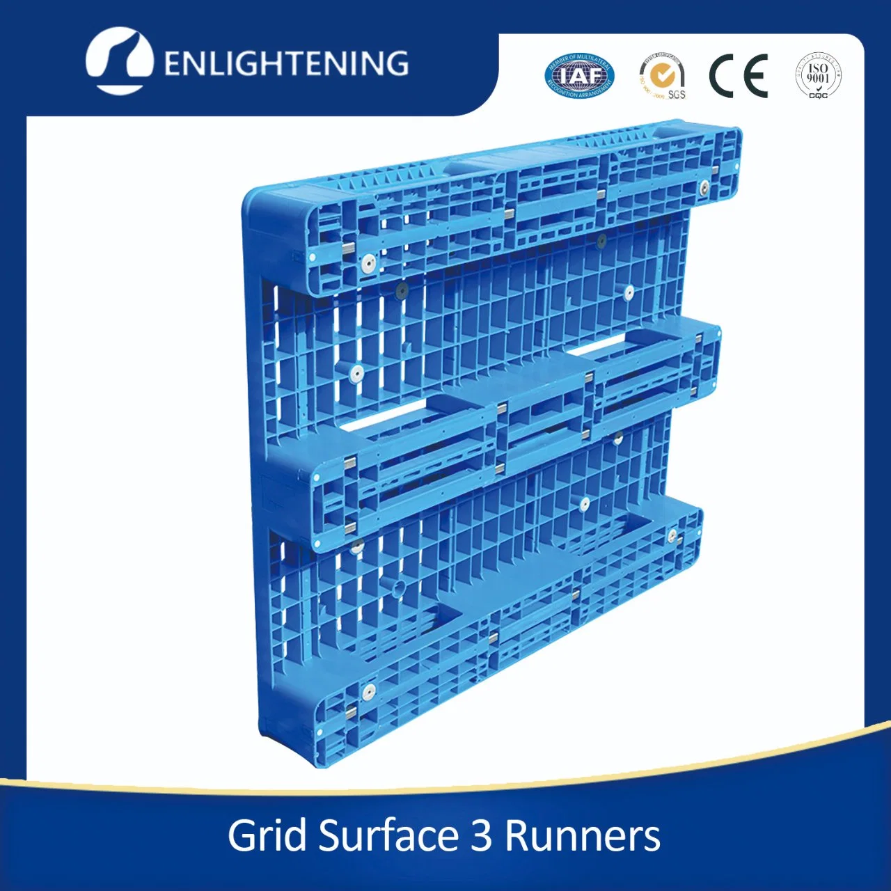 Venda a quente 3/Três Runner/Skids barato de HDPE azul durável com reforço de aço e montável em rack empilhável ventilado Face Única Grid Euro palete de plástico para rack de armazém