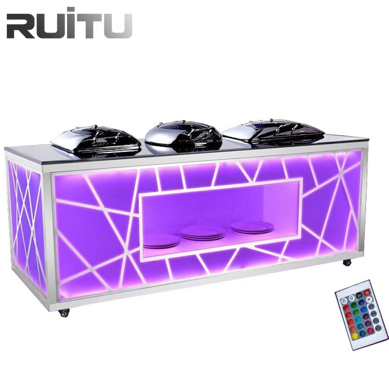 5 Star Hotel Equipment Food Dessert Display Tables Stand Party Banquet Rectangular Glass Top Stainless Steel Frame LED Restaurant Hotel Buffet Catering Table