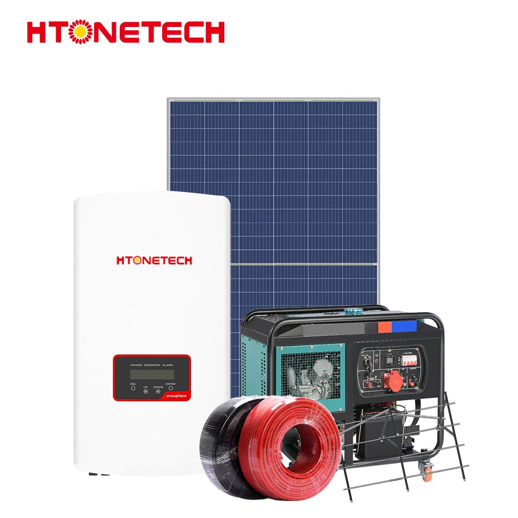 Htonetech Solar Panel Monocrysalline 700 W Factory off Grid Wind محول توربين الصين بقدرة 20 كيلو واط نظام الطاقة الشمسية الهجين مع الديزل مجموعة المولد بقدرة 25 كيلوفولت أمبير