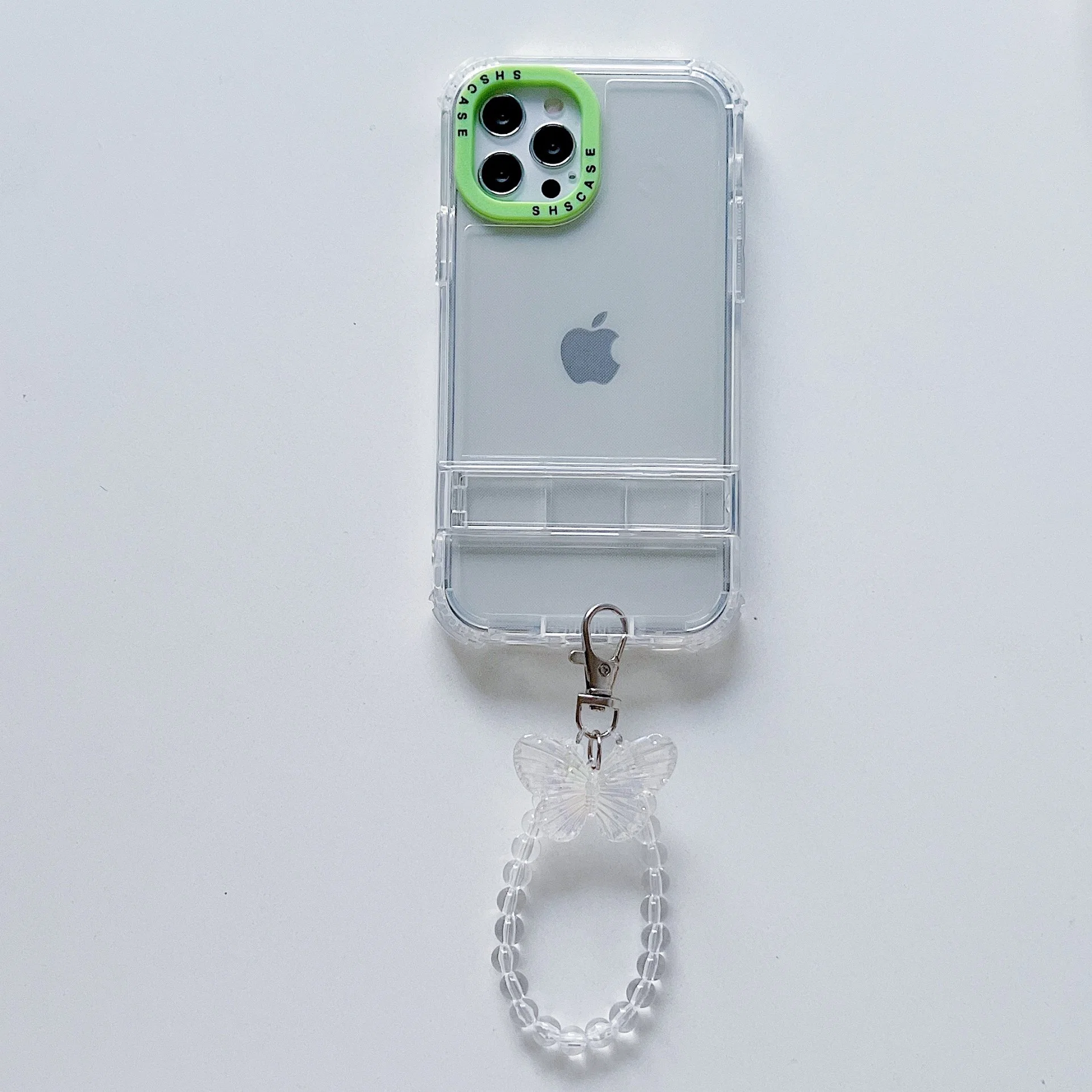 Colorful Camera Frame Clear Transparent Case for iPhone 15 with Butterfly Keychain