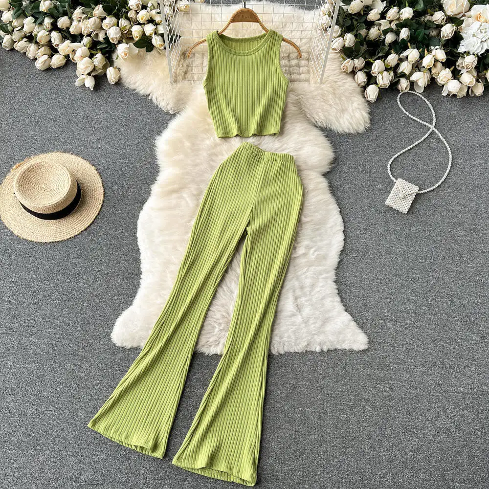 Women's Two Piece Pants Set Retro New Knitted Suit Short Sleeveless Top High Waist Slim Trousers Flared Two-Piece Set