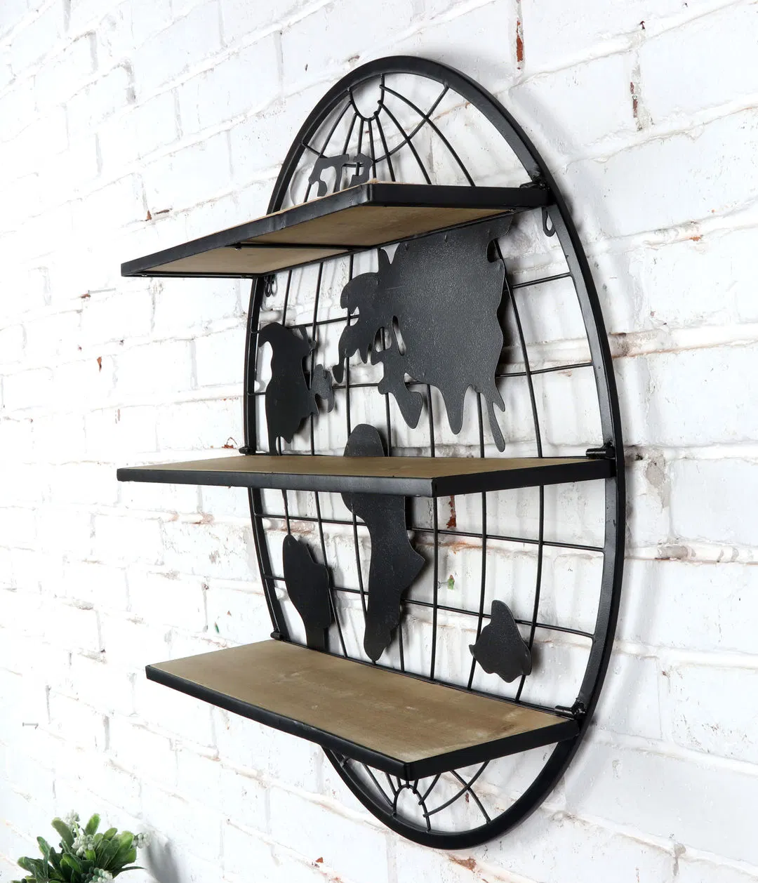 World Map Design Metal Wall Hanging with MDF Shelf, Iron Wall Decor with Map Design, Iron with MDF Wall Shelf