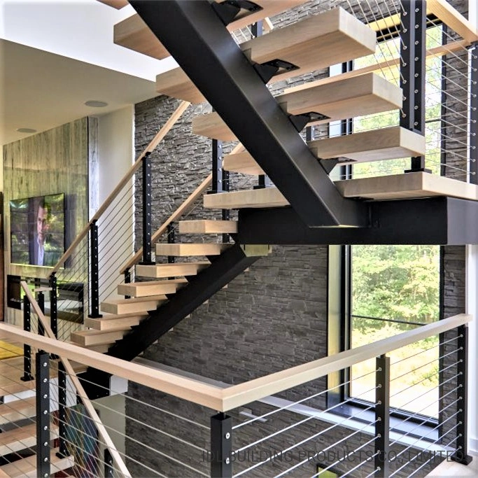 2021 U Shaped Carbon Steel Zig Zag Stringers Straight Staircase with Oak Wood Steps Steel Railing Wood Floating Stairs