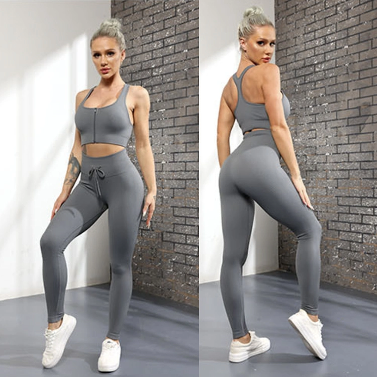 Großhandel 5pcs gerippte Lounge Sportswear Übungskleidung für Frauen, Reißverschluss Athletic Top + Kordelzug Workout Leggings Nahtlose Yoga Activewear Sets