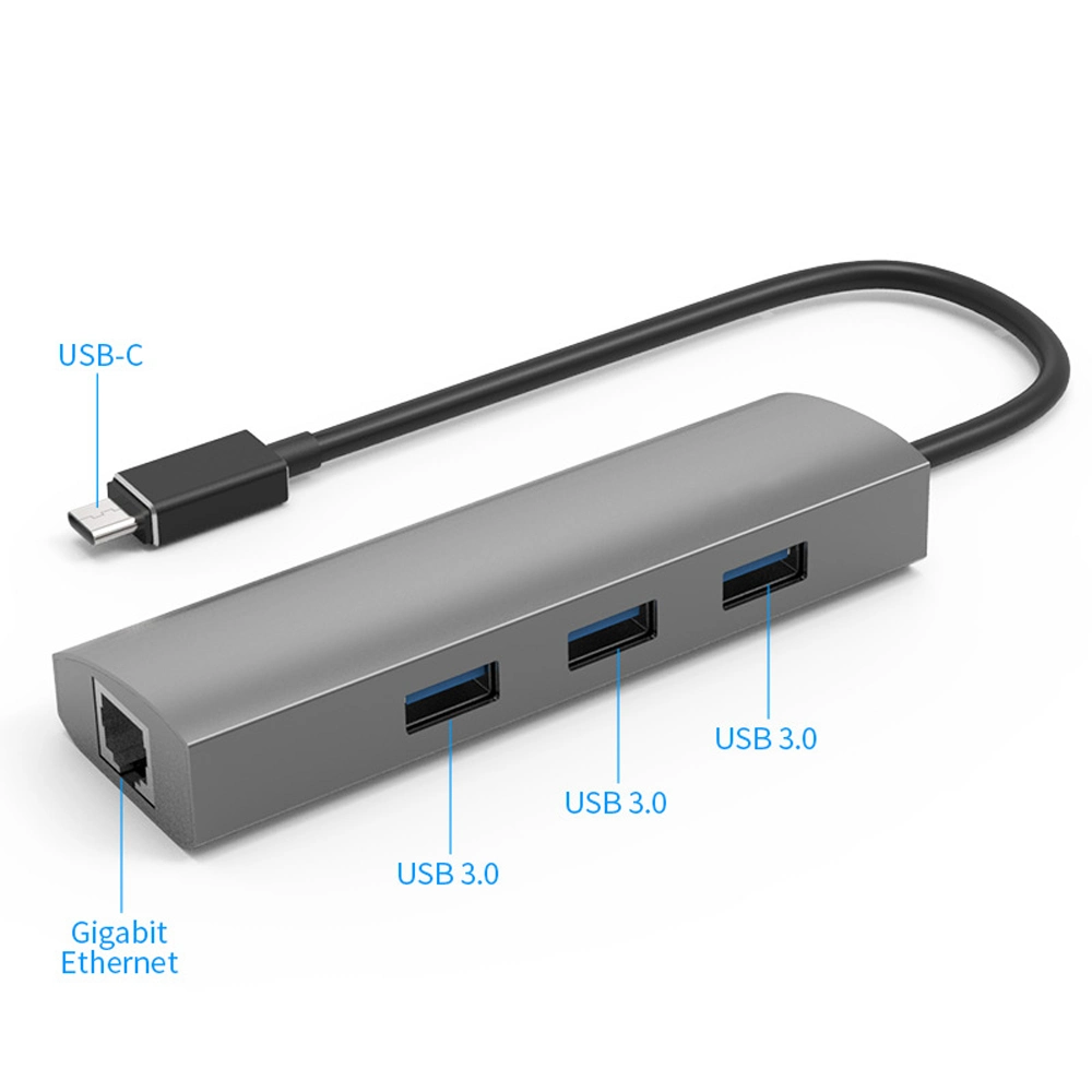 Cubo de aluminio de alta calidad tipo C Gen1 con USB3,0 y. Puerto Gigabit Ethernet