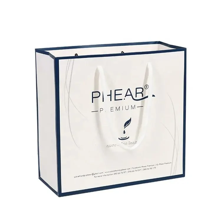 Custom Logo Printed Luxury White Cardboard Shopping Packaging Bag White Paper Gift Bag with Handle