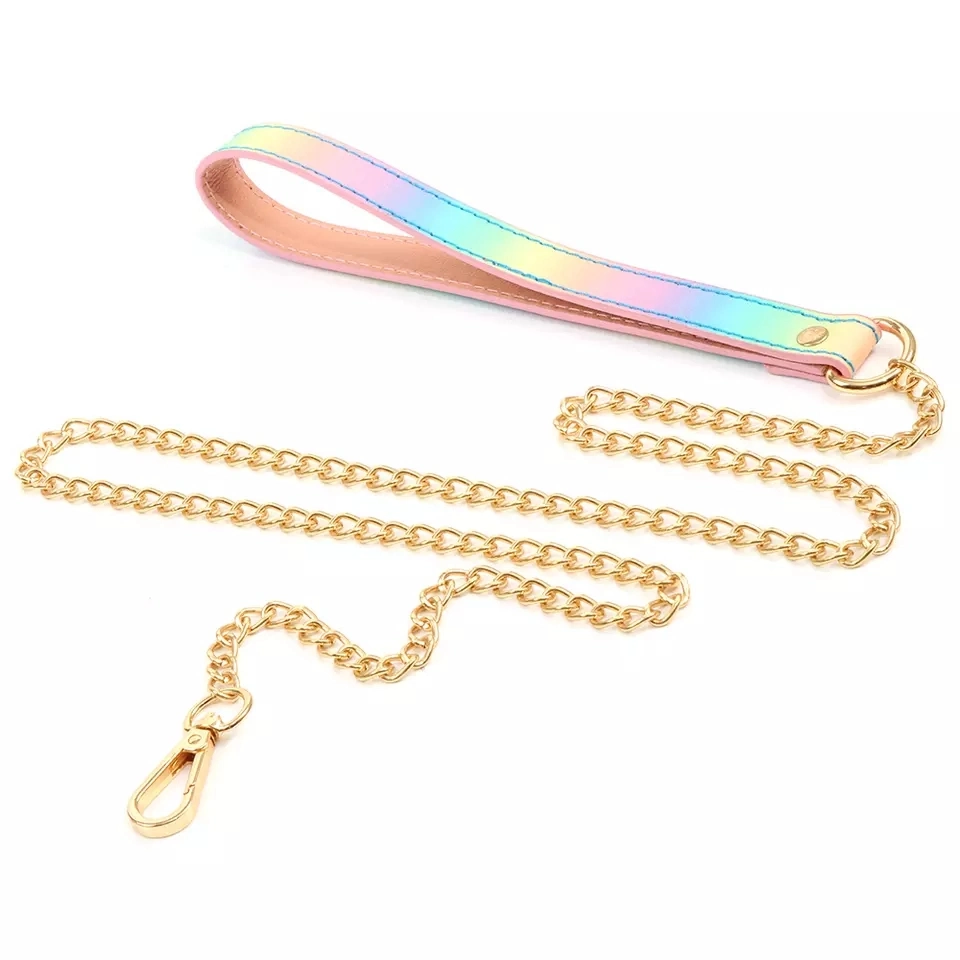 Bdsm Rainbow Leather Bondage Sex Collar Traction Rope Chain Leash Adult Game Dog Chain Punish Neck Collar