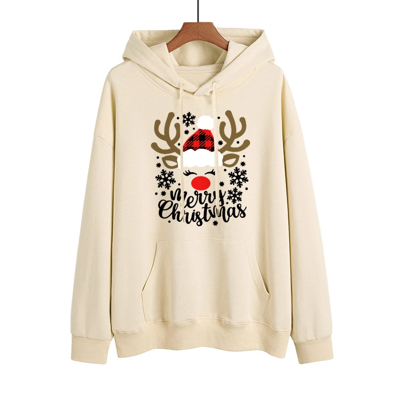 Neue Weihnachten Mode Langarm Fleece Baumwolle Sweatshirt Frauen Tide Kapuzen Unifarbener Pullover