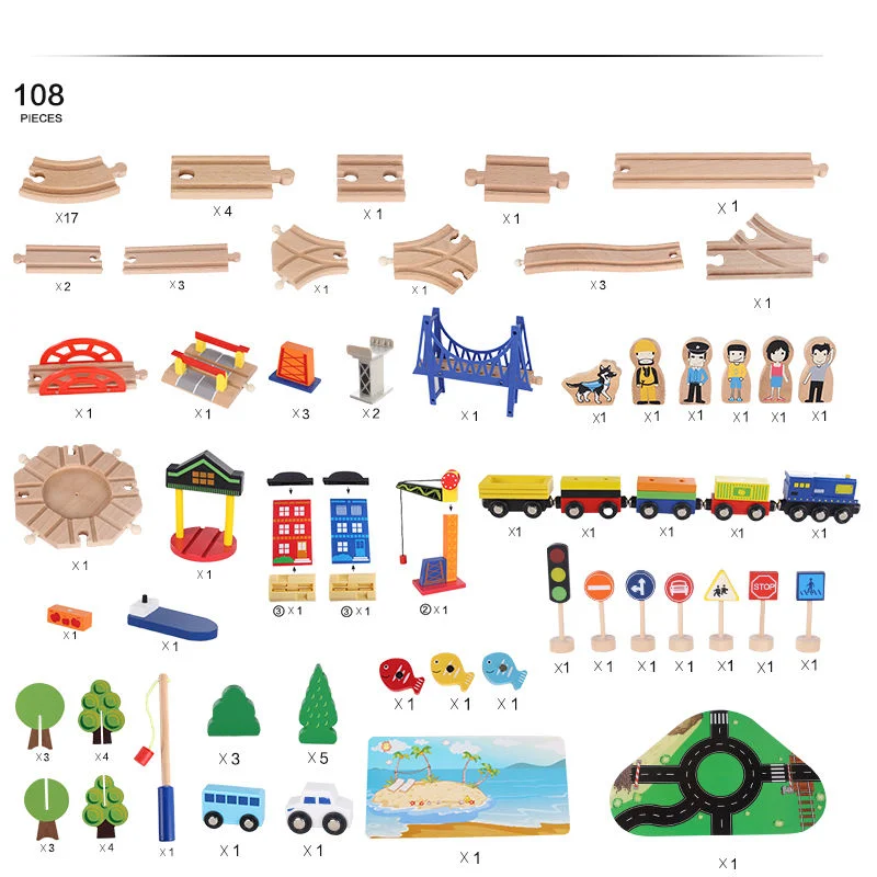 108PCS Beech Wood Children Educational Toy Wooden Track Set