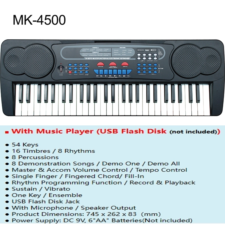 Factory Customs Musical Instruent Meike 54 Keys Electrical Piano Toy Electronic Keyboard for Beginner/Student/Children