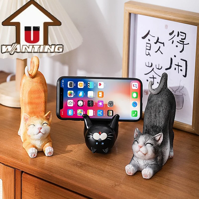 Little Decor Stretching Cat Mobile Phone Holder Animal Craft Living Room Decoration