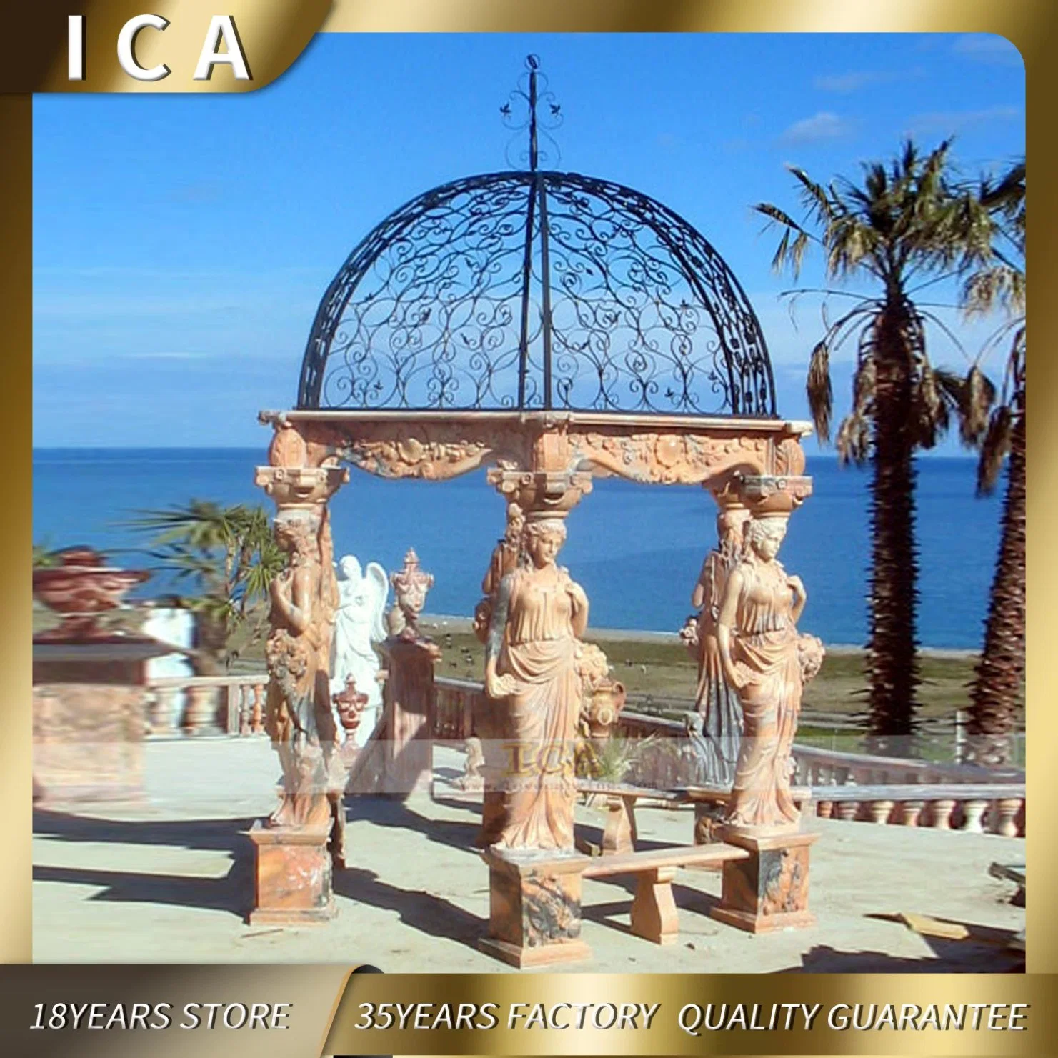 Outdoor Luxury Garden Natural Marble Gazebo with Figure Statues