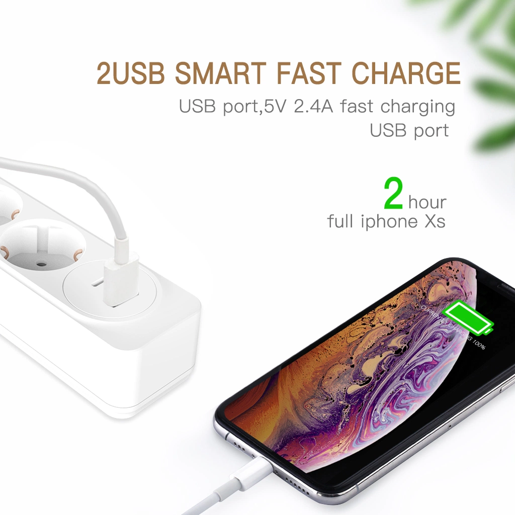 2 USB Extension Socket 3 Way Power Strip with USB Charger