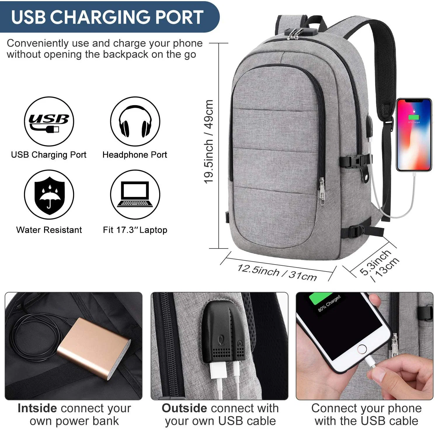 Frais de voyage sac à dos pour ordinateur portable ultraplat antivol d'affaires personnalisés avec port de chargement USB résistant à l'eau College Sports ordinateur sac sac à dos de l'école