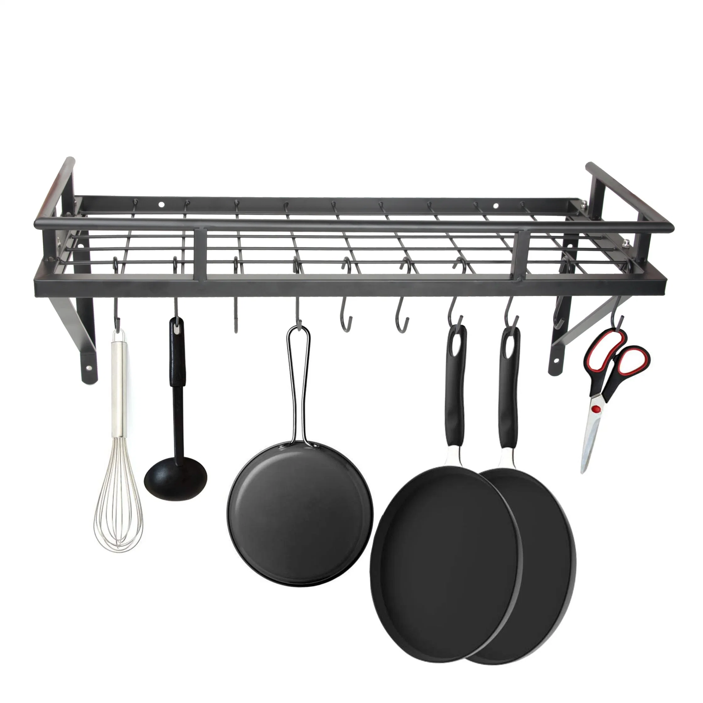 Wall Mount Pot Rack Storage Organizer 2 Tier Hanging Rails with 10 Hooks for Kitchen Cookware Utensils, Floating Shelves for Home Office