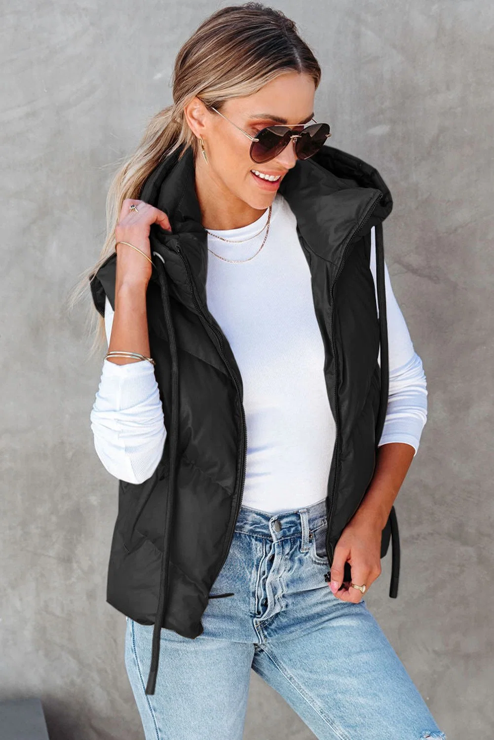 Dear-Lover Garment Wholesale/Supplier Winter Hooded Sleeveless Women Puffer Vest Faux Leather Jacket