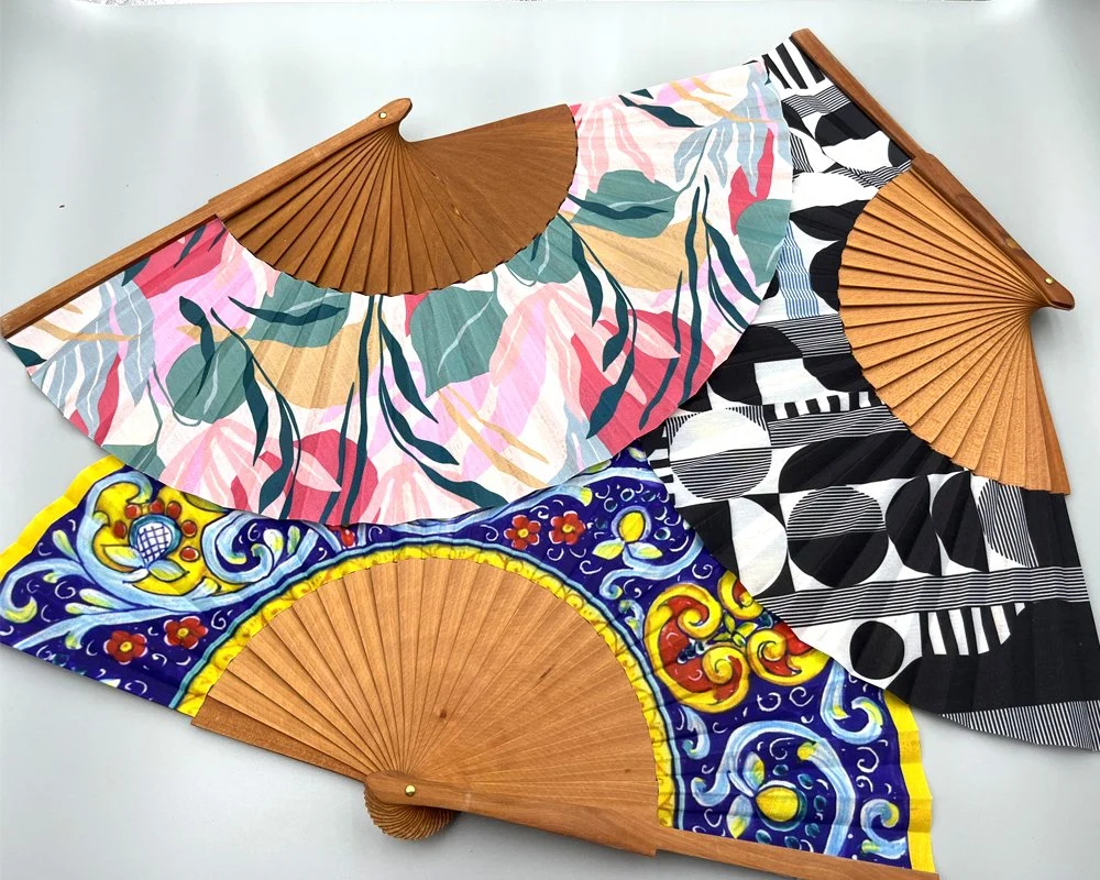 Custom Print Silk Hand Folding Fan Wooden Ribs Satin Fabric Fan Foldable Wood Hand Fan