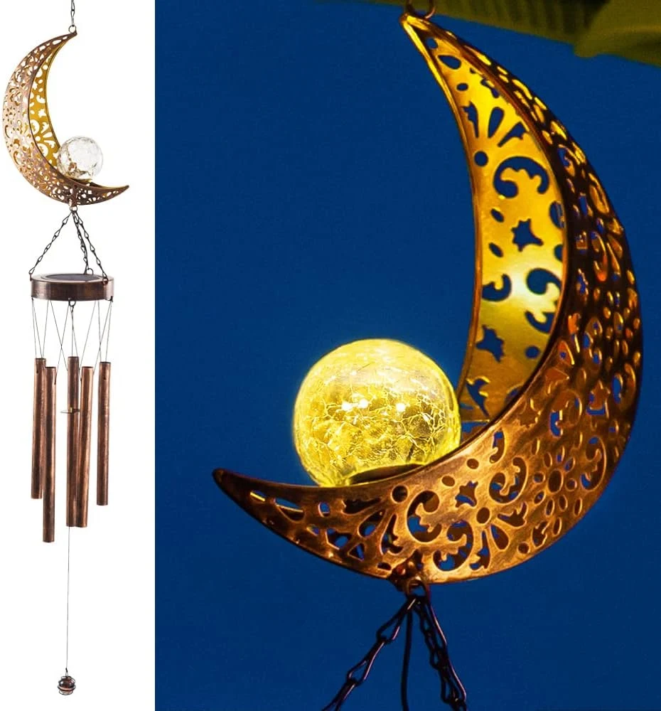 Solar Wind Chimes Home Decoration, Moon Wind Chime Crackle Glass Ball Warm LED Night Light, Unique Hanging Outdoor Decor with Metal Tubes Waterproof for Garden