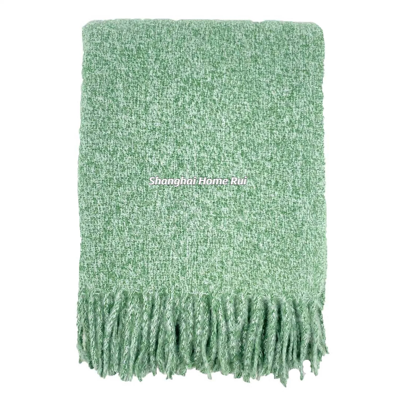 Home Outdoor Travel Bed Sofa Car Soft Warm Green Woven Self-Fringe Tassel Jacquard Melange Blended Mixed Twill Throw Blanket Cover