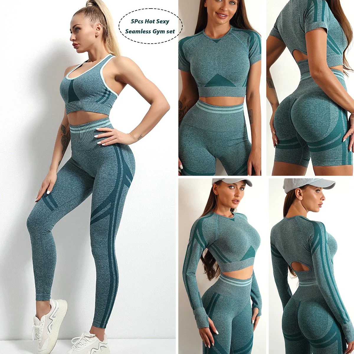 Großhandel Damen 5pcs heiße Mode Ropa De Yoga Wear Workout Kleidung für Frauen, Custom Nahtloses BH + Crop Top + Scrunch Gym Shorts + Leggings Fitness-Bekleidung