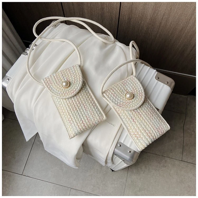 The 2021 New Pearl Contracted Mobile Phone Zero Wallet Cotton Thread Woven Contrast Color Stripe Small Bag