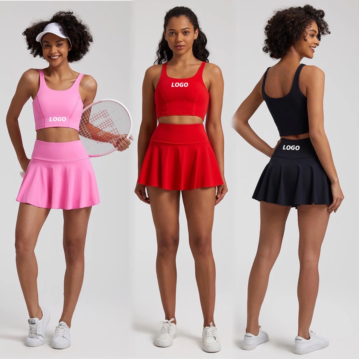 Wholesale Womens New Premium Full Motion Summer Activewear Apparel, 2PCS Casual Tank Top + Tennis Skirts with Shorts and Pocket Sports Jogger Suit