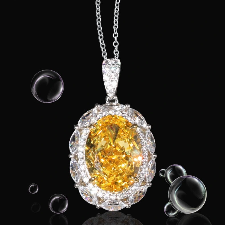 S925 Silver Fashion Luxury Ice Flower Cut Big Yellow Diamond Topaz Pigeon Egg High quality/High cost performance  8A Cubic Zirconia 18K Gold Plating Ring Necklace Fine Jewelry Set