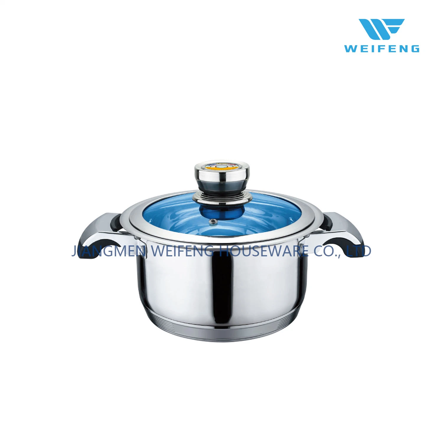 Wide Edge Stainless Steel Cookware Set with T Shape Blue Glass Lid