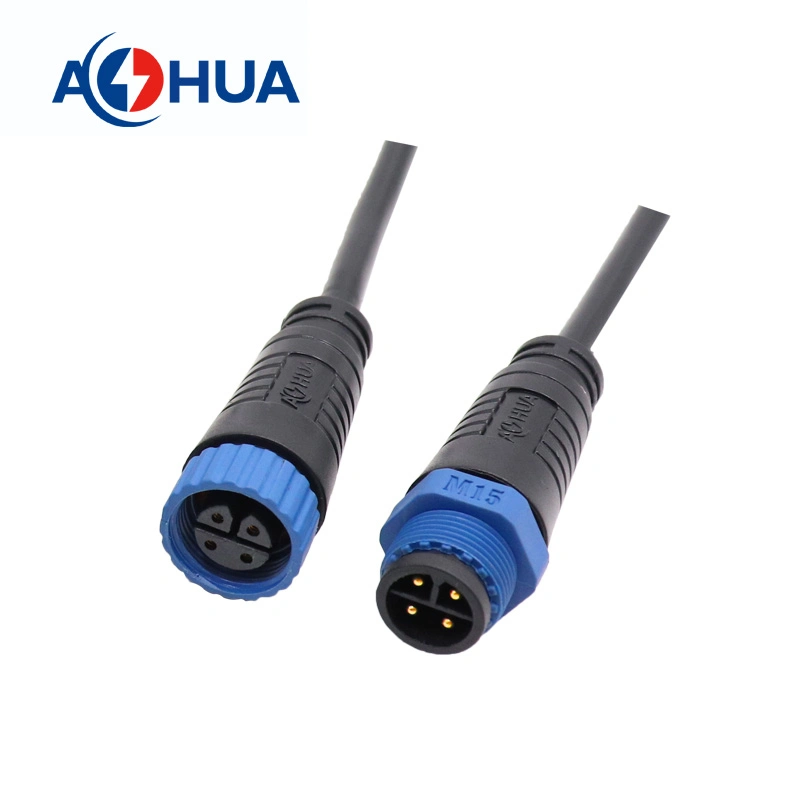 Aohua IP67 Circular Nylon Waterproof Connector M15 4pin for Outdoor Garden Lighting Pre-Wire Male and Female Socket with Cable 1.0mm Sqm Signal Power Connector