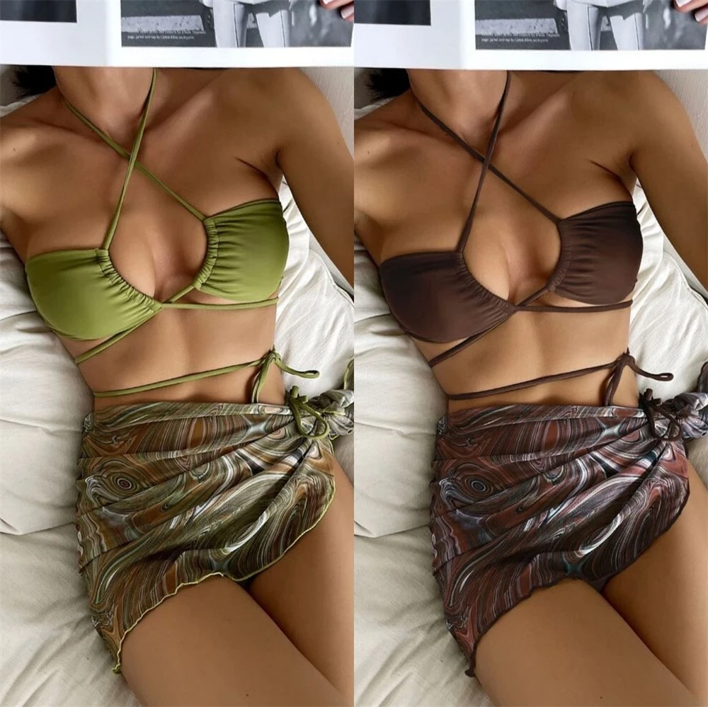 Wholesale/Supplier Women Swimwear Mesh Beach Skirt 3 Piece Tied Swimsuits Bikini Set with Cover up