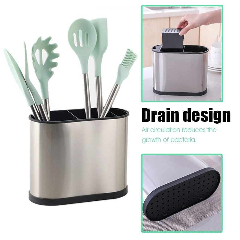 Kitchen Plastic Metal Stainless Steel Cutlery Kitchen Utensil Holder with Drain Holes