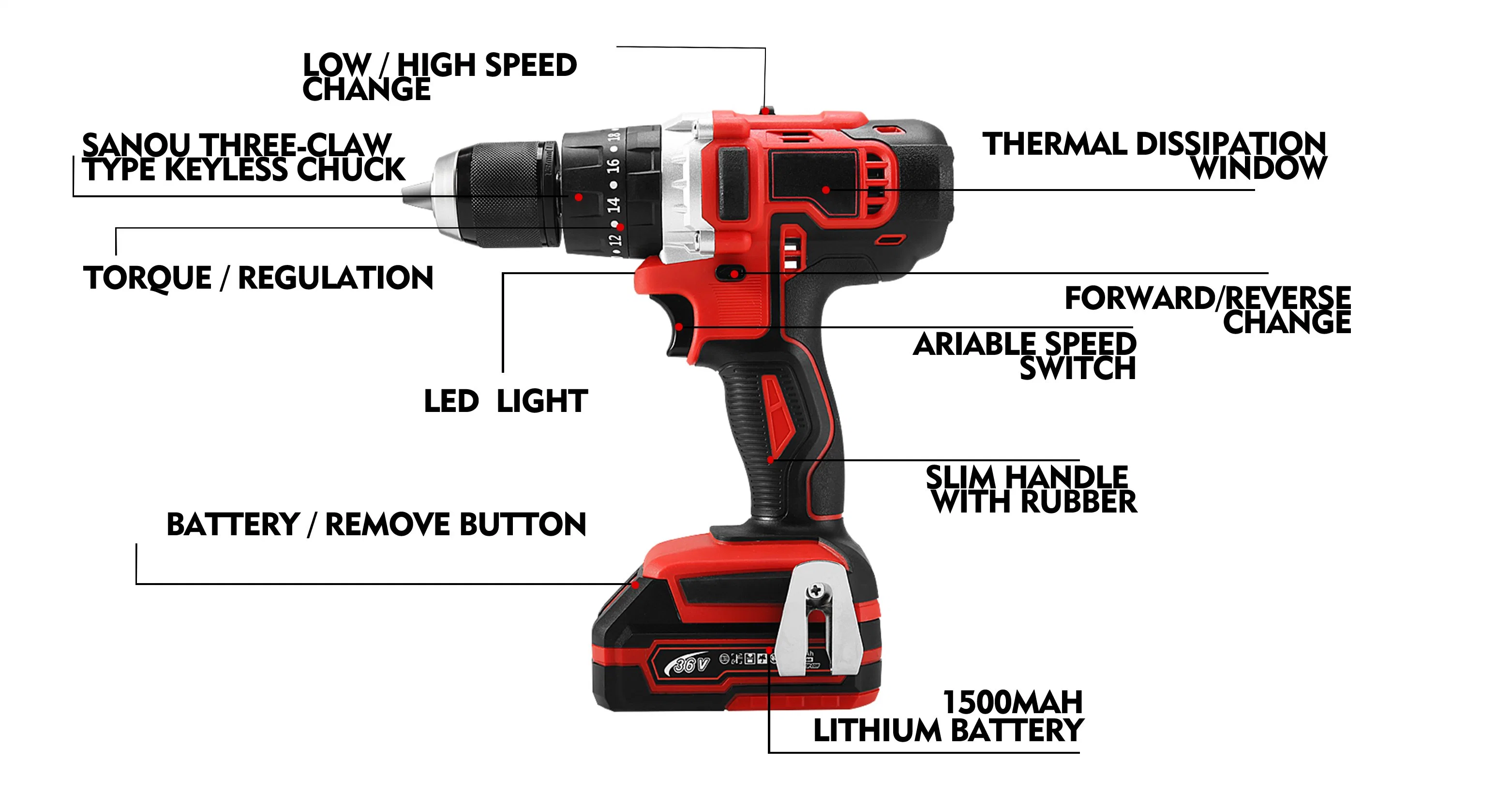 36V Self-Locking Rechargeable Cordless Impact Drill Power Electric Drill Tool