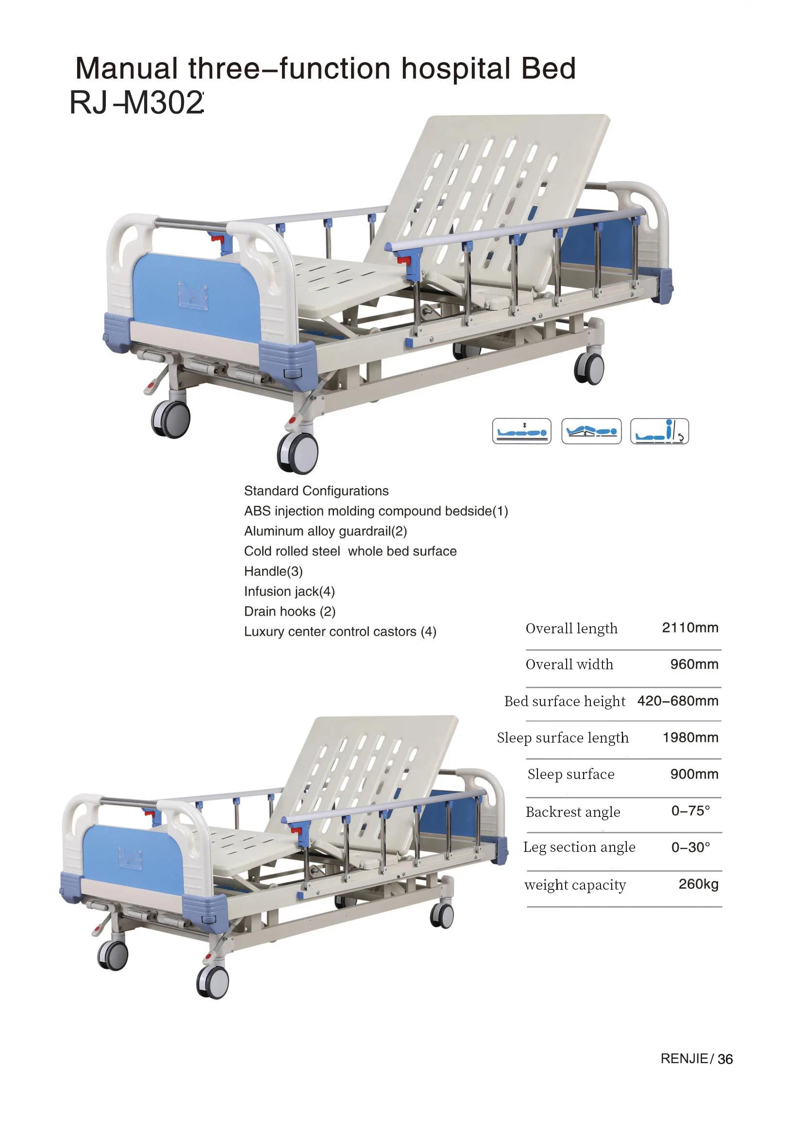 3 Function Adjustable Patient Bed Steel 3 Crank Used Manual Medical Hospital Beds