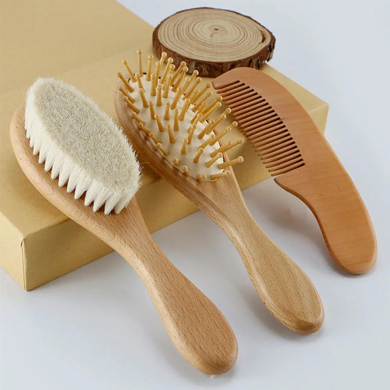 Natural Soft Goat Bristles Bamboo Baby Hair Brush for Newborn Wooden Baby Brush and Comb Set